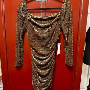 Leith Brown and Black Long Sleeve Bodycon Dress with Cowl Neck